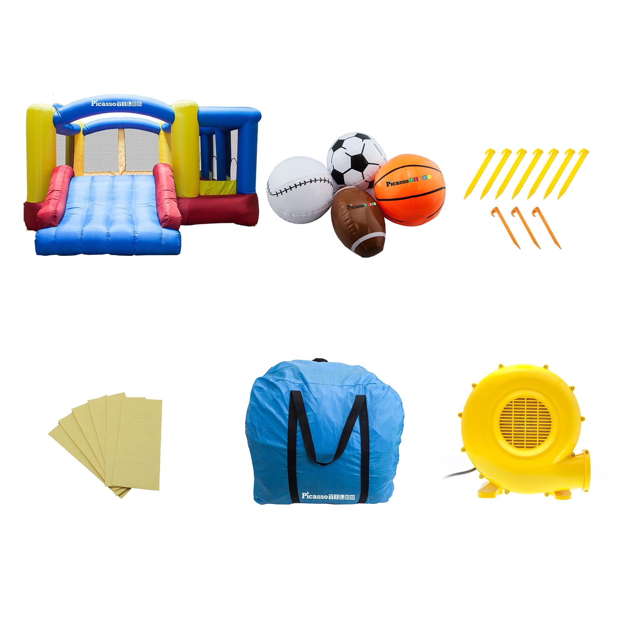 PICASSO-TILES Outdoor Inflatable Bouncer, Bounsing House, Jump Slide Dunk Playhouse with Basketball Rim, 4 Sports Balls, Full Size Entry, 580W ETL Certified Blower
