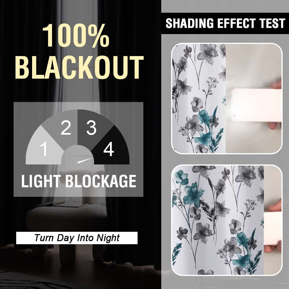 H.VERSAILTEX 100% Blackout Curtains Cattleya Floral Printed Drapes Leah Floral Thermal Bedroom Curtains for Living room with Black Liner 2 Panels,52" x 108",Grey/Teal