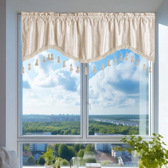 Luxury Velvet Soft Curtain Valances for Living Room Bathroom Cafe Laundry Basement Rod Pocket Tassels Scalloped Short Window Valance Curtains,52"x18" Double-Sided Chenille Window Curtains Tier