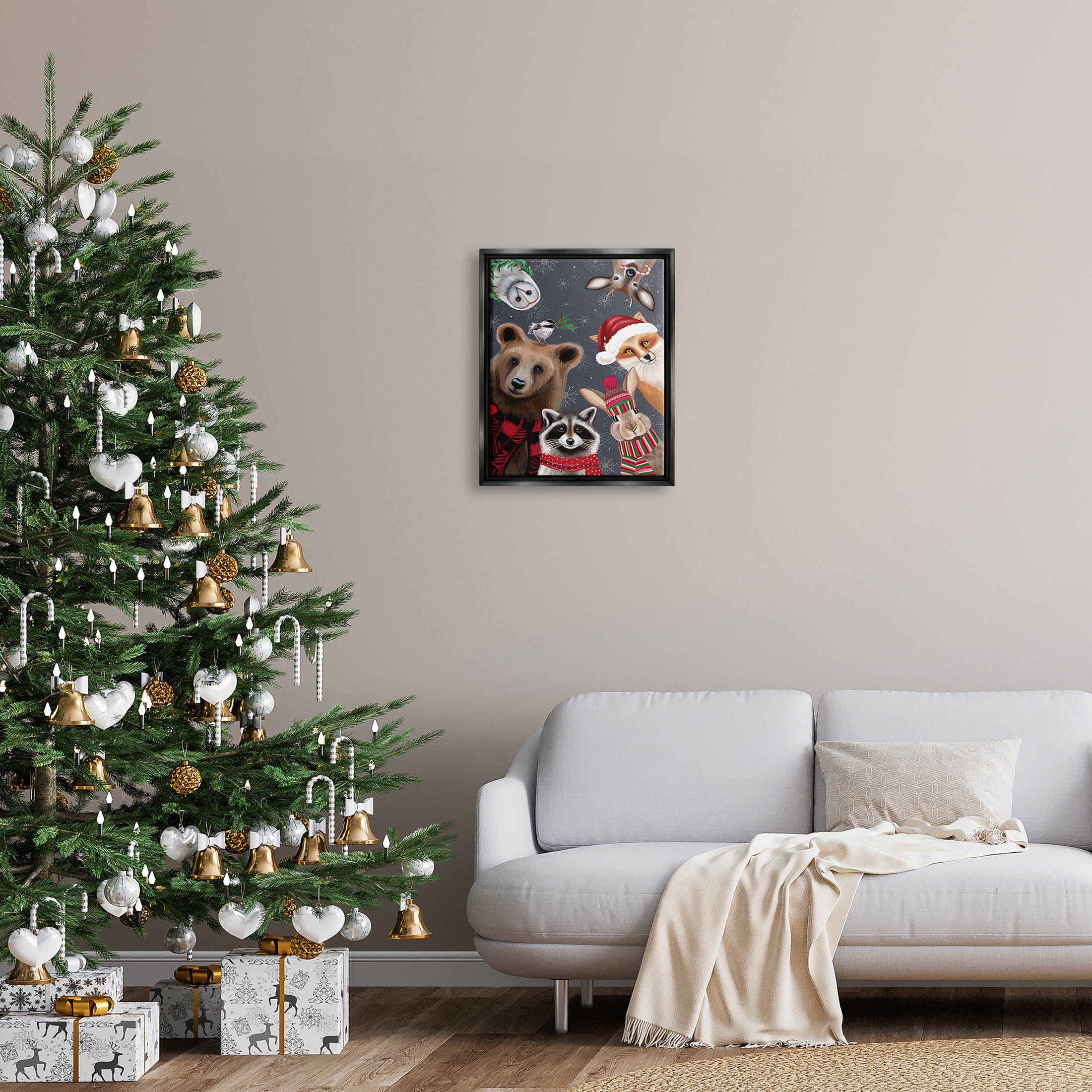 Stupell Industries Cozy Woodland Creatures Patterned Graphic Art Jet Black Floating Framed Canvas Print Wall Art, Design by Elizabeth Tyndall