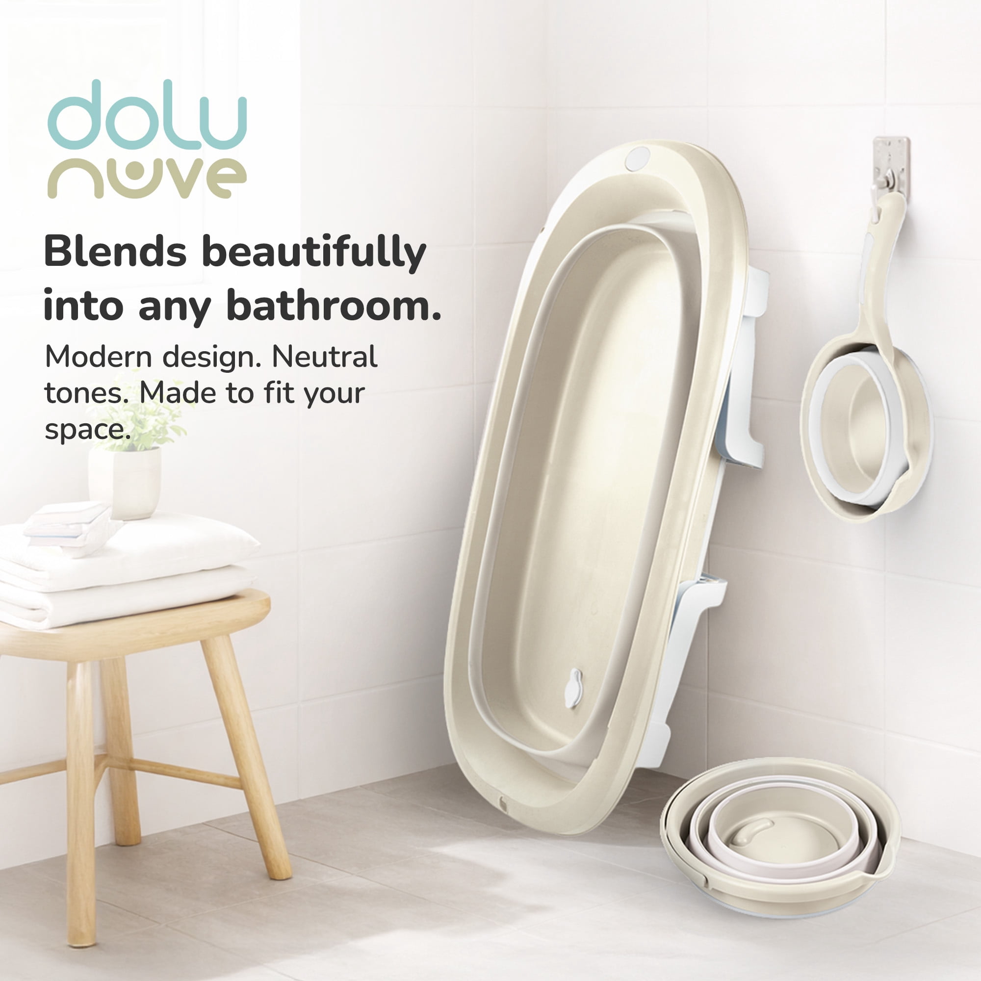 Dolu Nuve 3-Piece Foldable Baby Bath Set, Infant Tub with Bucket and Rinse Cup, Beige