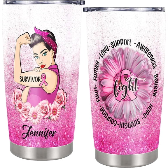 Personalized Breast Cancer Insulated Tumbler Cup, Sunflower Pink Ribbon Travel Mug, Custom Name Tumblers 20oz , Survivor Gift, Encouragement Gifts, Awareness Month for Women Warrior Her