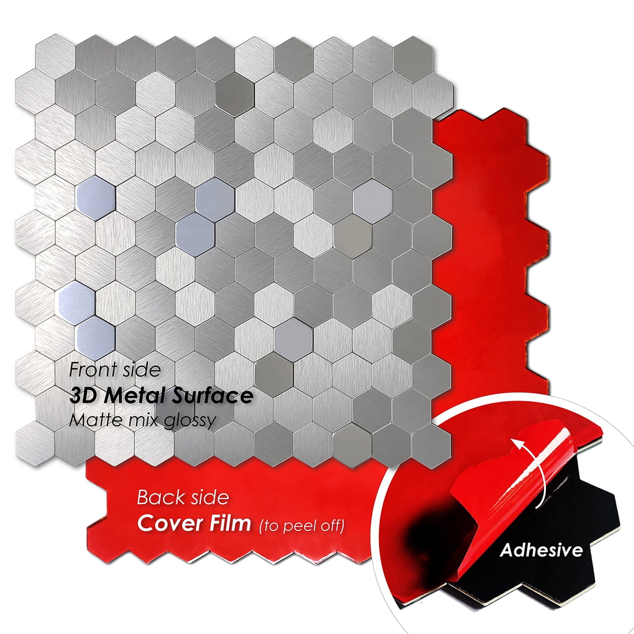 Acopelo Peel and Stick 3D Hexagon Mosaic Silver Metal Tile for Backsplash - 6 Tiles