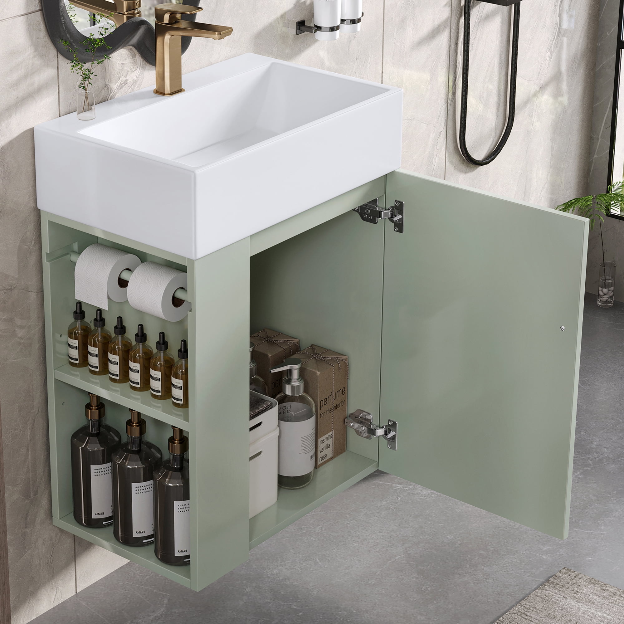 Harper & Bright Designs 20" Small Bathroom Vanity with Sink, Wall Bathroom Cabinet with Side Storage Shelves, Single Sink Bathroom Vanity with Towel Bar, Green