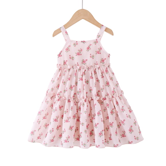 4T Baby Girls Dress 5T Girls Sleeveless Dress Flower Print Toddler Girls Summer Floral Dress Suspender Dress Pink