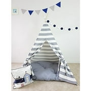 Teepee Tent for Kids with Carry Case, Natural Cotton Canvas Teepee Play Tent, Toys for Girls/Boys Indoor & Outdoor Playing (Grey Small Stripe Color)