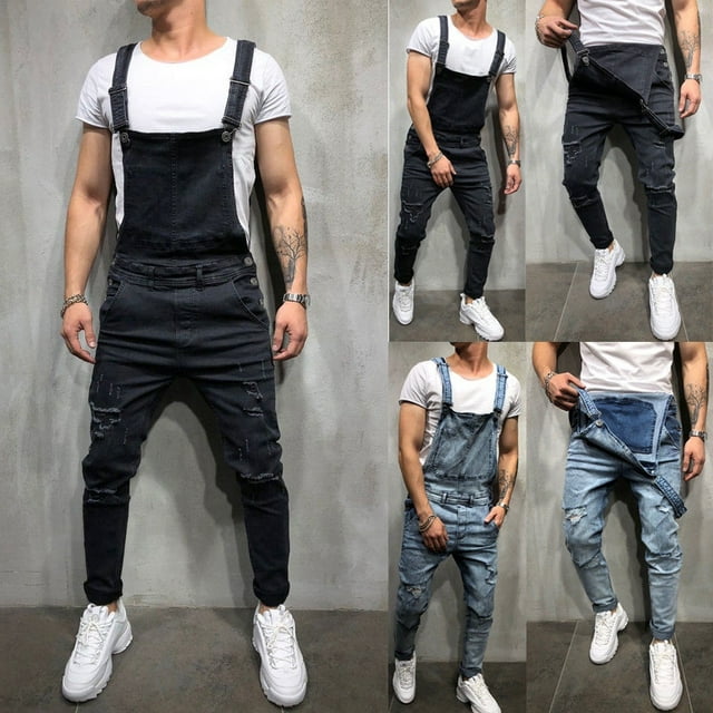 Men Distressed Denim Overalls Suspender Trousers Bib Pants Skinny Jean Jumpsuits