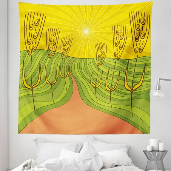 County Tapestry, Agriculture Themed Farmland with Starburst Lines and Wheat Motifs, Fabric Wall Hanging Decor for Bedroom Living Room Dorm, 5 Sizes, Burnt Sienna Yellow, by Ambesonne