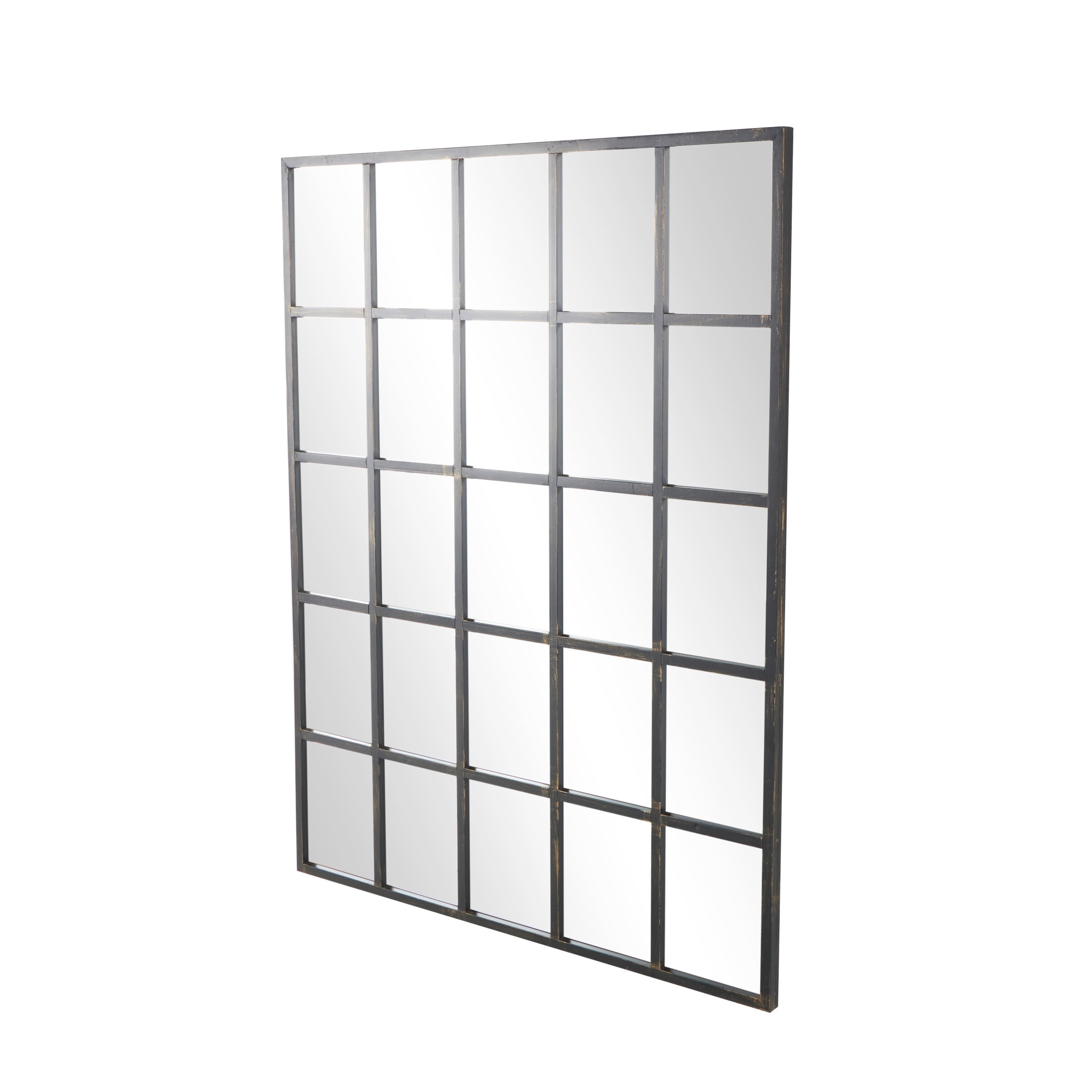 DecMode Contemporary Squre Wood Window Shaped Wall Mirror, 56"W x 44"H with Distressed Brass Colored Frame