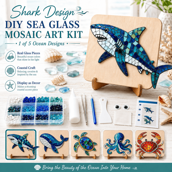 DIY Sea Glass Mosaic Art Kit, Beginner Shark Craft Kit with Acrylic Mosaic Pieces, Adhesive and Tools, Relaxing Ocean Animal DIY Project, Shark