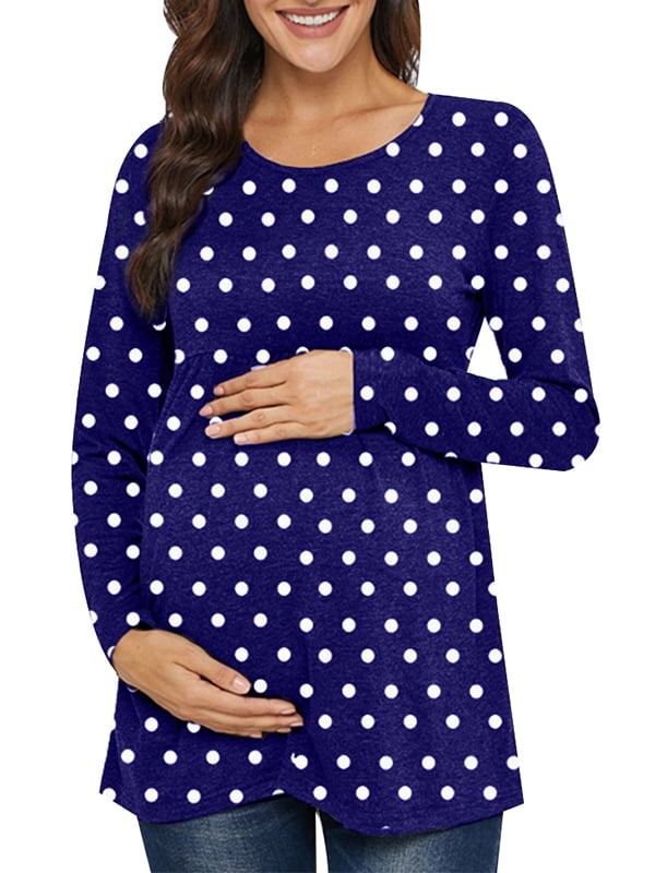 Qtymom Women's Maternity Polka Dot Long Sleeve Side Ruching Round Neck Shirt