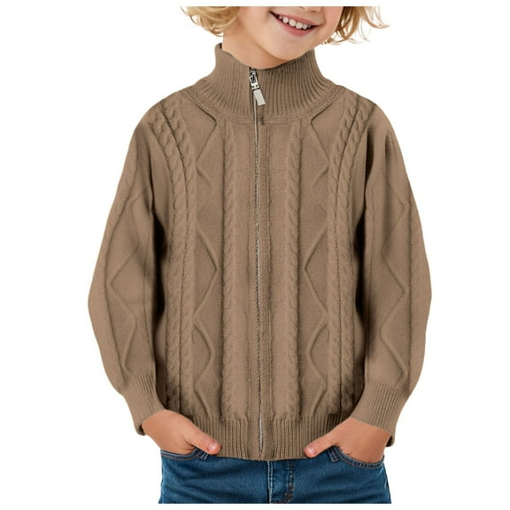 Povozer Boys Chunky High Neck Zip Sweater Kids Ribbed Pullover Jumper Winter Knit Tops Outfits(Brown,11-12 Years)