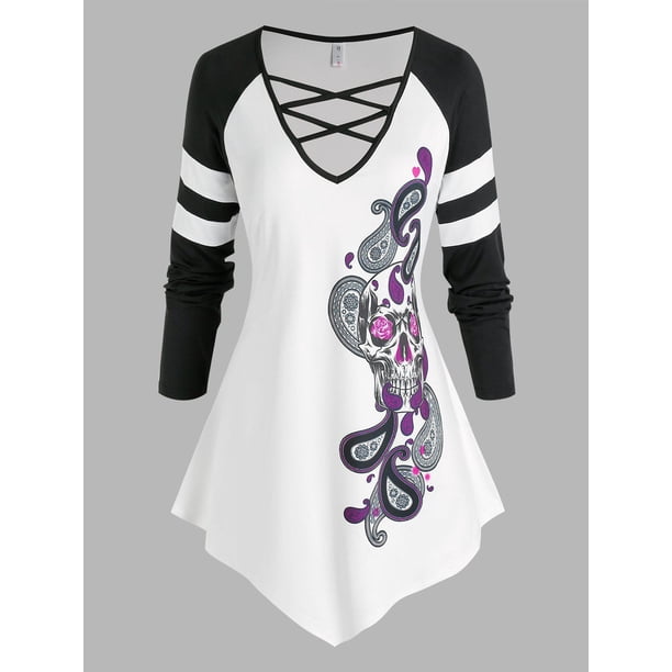 Talla grande Skull Paisley Print Raglan Manga Criss Cross T Shirt Rosegal Mangas largas de talla grande