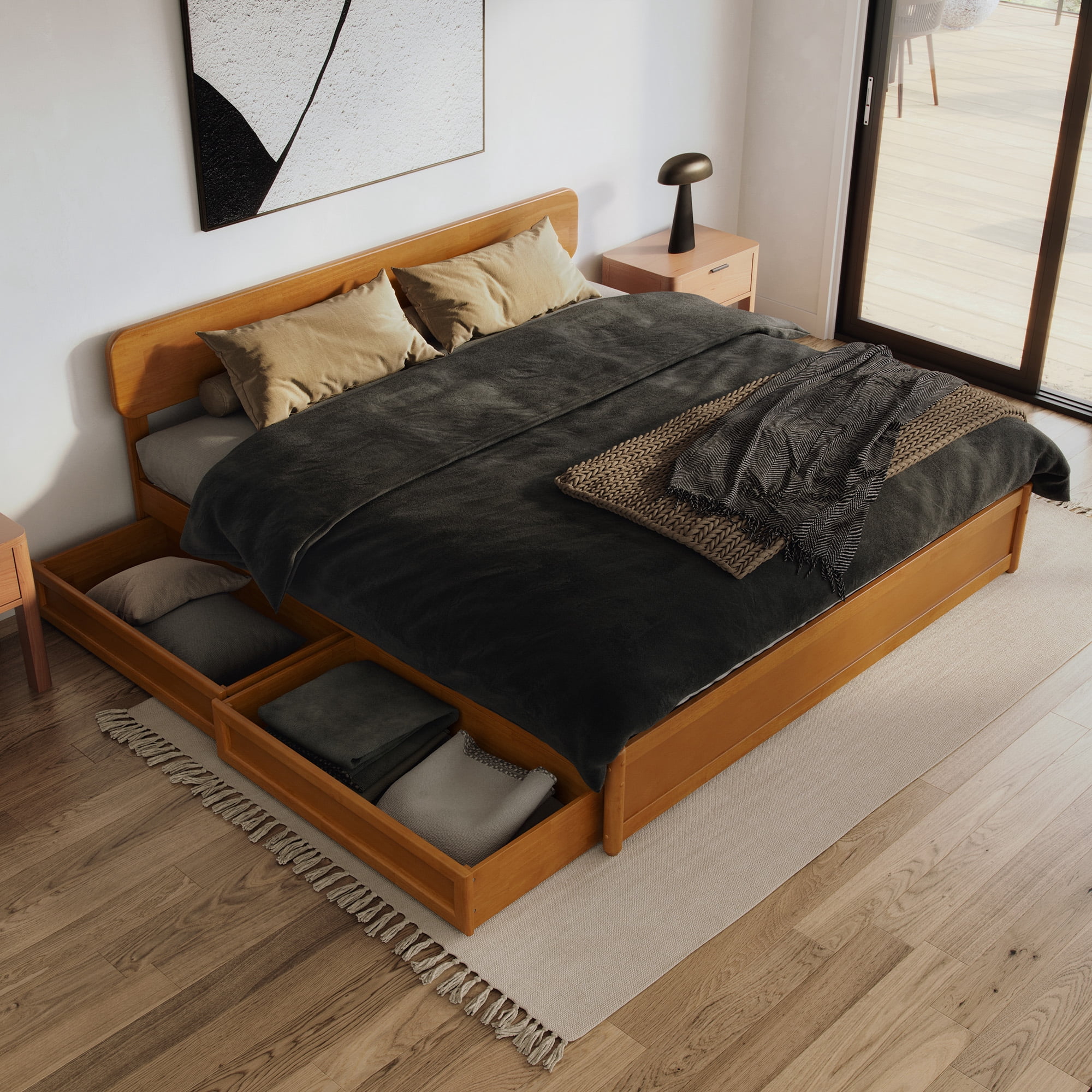 AFI Capri King Wood Platform Bed with Panel Footboard and Storage Drawers, Light Toffee