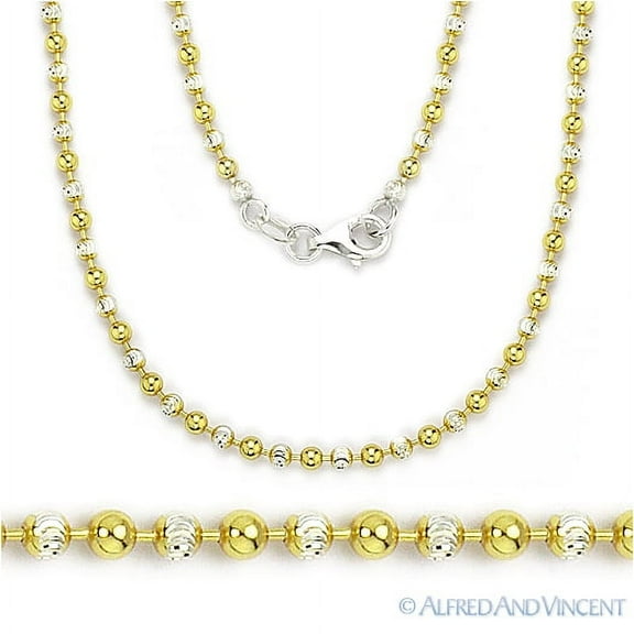 2.5mm Moon Cut & Round Ball Link Chain Necklace in .925 Sterling Silver w/ 14k & Rhodium