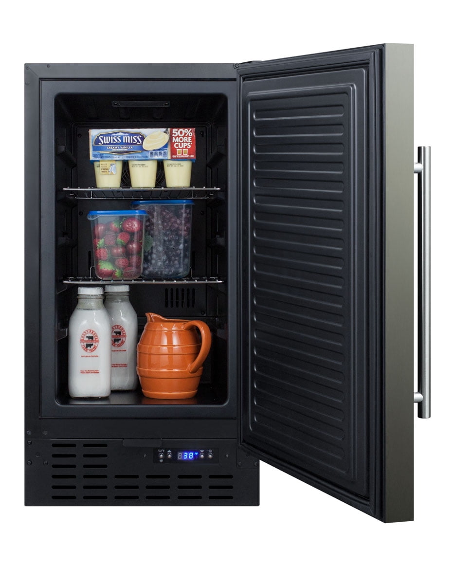 18" wide ADA compliant built-in undercounter all-refrigerator with a black stainless steel door, black cabinet, digital thermostat and front lock