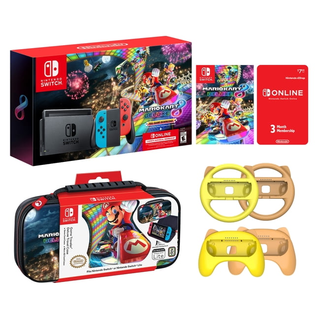 Nintendo Switch Mario Kart 8 Neon Racing Bundle: Red Blue JoyCon Console, Mario Kart 8 Deluxe & Online Membership, Mario Kart 8 Travel Case, Mytrix Wheels and Grips for JoyCons 4 Pcs Nintendo Nintendo Switch