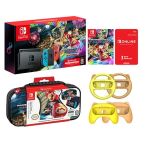 Nintendo Switch Mario Kart 8 Neon Racing Bundle: Red Blue JoyCon Console, Mario Kart 8 Deluxe and Online Membership, Travel Case, Mytrix Wheels and Grips for JoyCons 4 Pieces