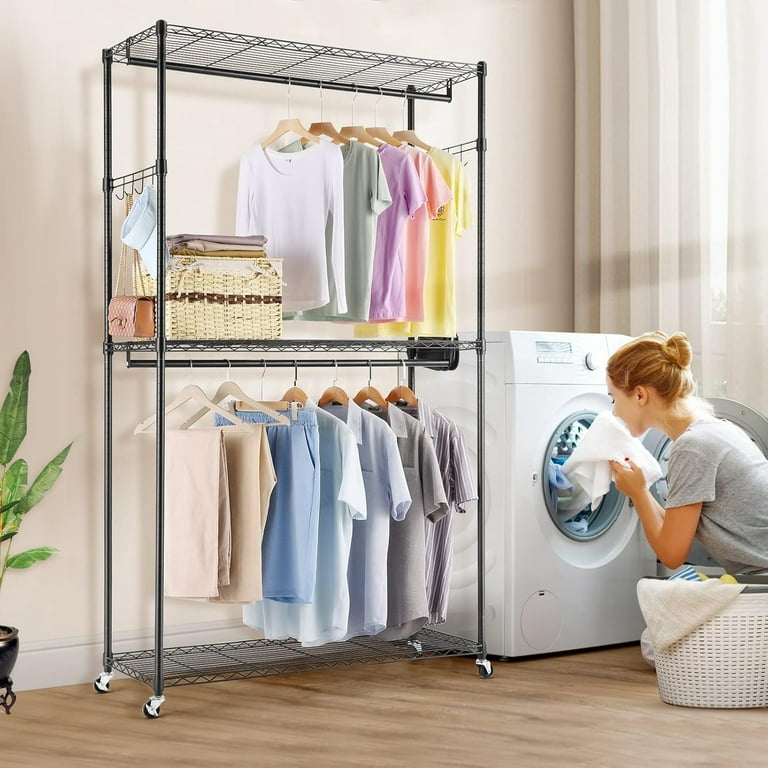Heavy Duty Wire Clothing Shelving Garment Clothes Rack with Side Hooks and Clothes Rods