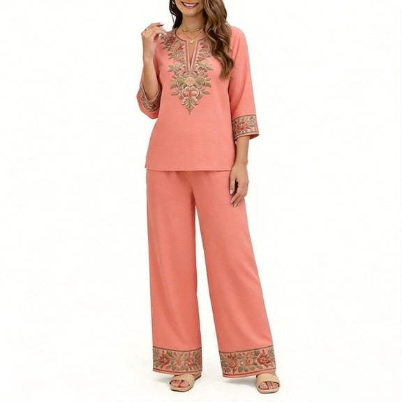 Womens Boho Summer 2 Piece Outfits 3/4 Sleeve V Neck Vintage Floral Blouse Wide Leg Pants Travel Matching Sets