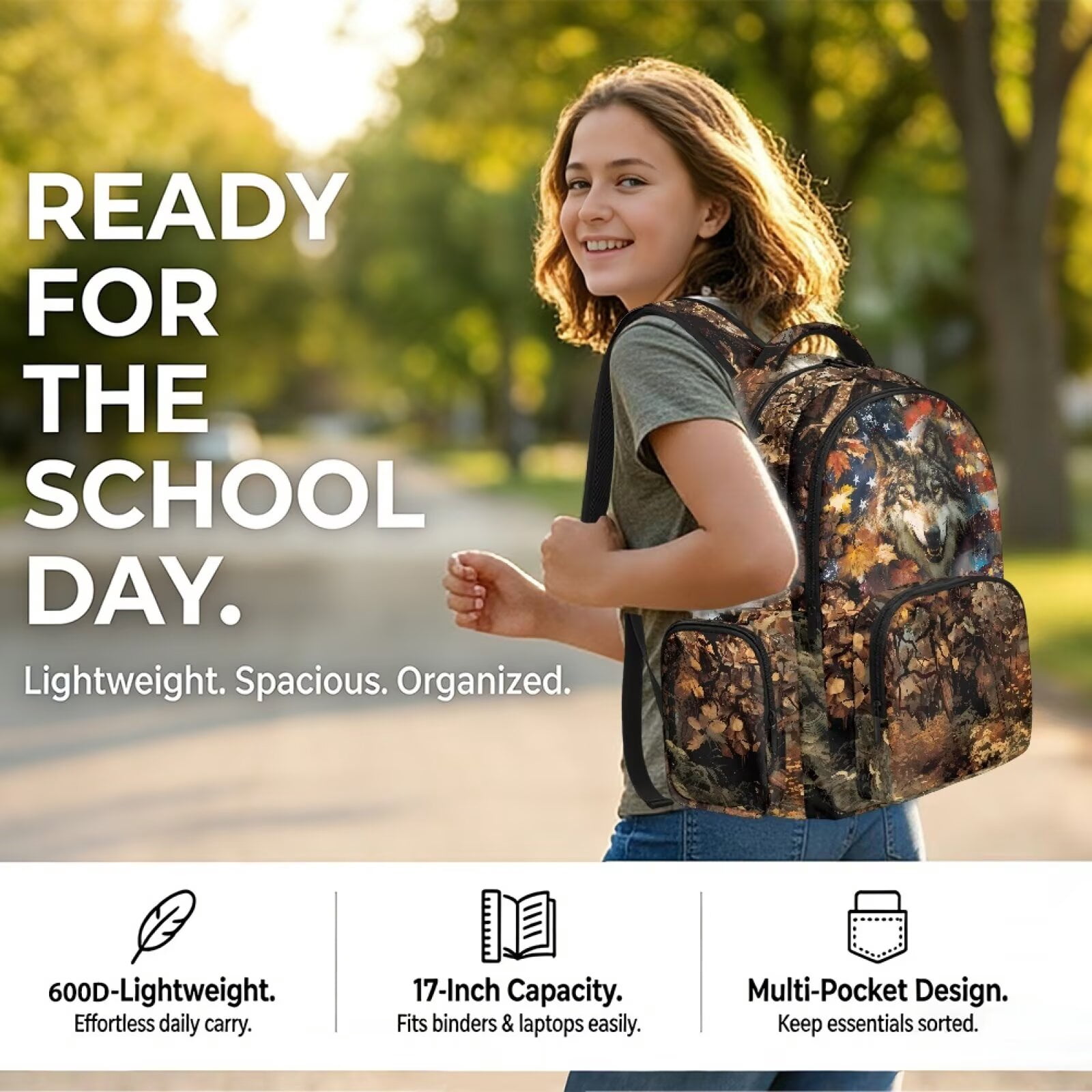 Xixirimido American Flag Wolf Forest Camo Print 17" Kids Backpack for Boys & Girls Large School Bags with Multi Pockets Elementary Middle High School Student Bookbag