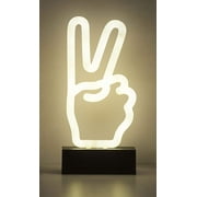 Merkury Innovations 9" inch LED Neon White Peace Hand Night Light, Mood Light with Pedestal,Battery Operated Wall Art,Bedroom Decorations,Lamp,Home Accessories,Party and Holiday Decor: