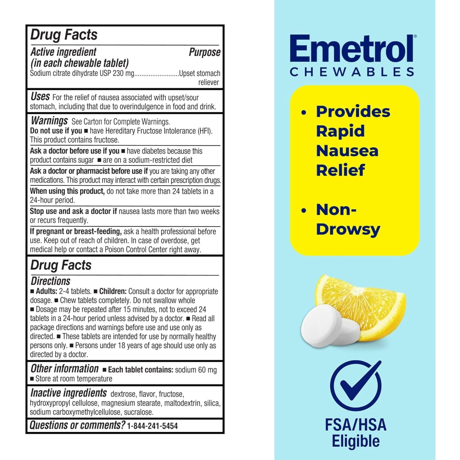 Emetrol Non-Drowsy Lemon Flavor Chewable Tablets for Rapid Nausea Relief, 42 Count
