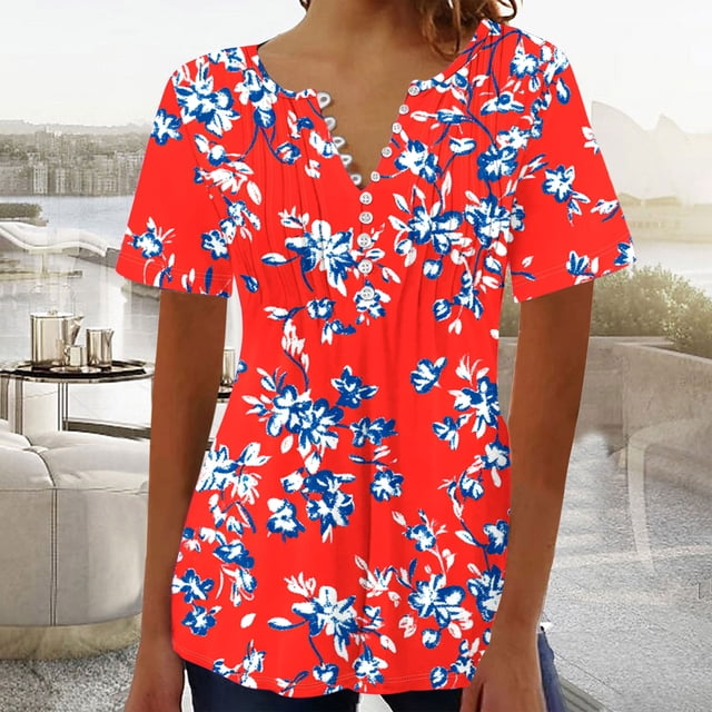 LOVZFMLL Women's Summer Tops Printed V-neck Button Up Short Seeved