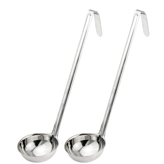 [2 Pack] 6 Oz Stainless Steel Soup Ladle - One-Piece Sauce Spatula with Hook Handles, Commercial Grade Serving Spoon, Kitchen Tool for Restaurant or Home Cooking, Mirror Finish, 14.25" Long