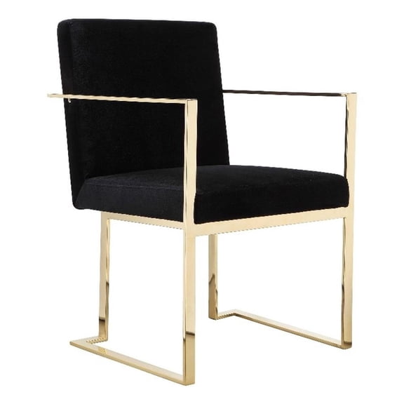Benjara Boly 24" Dining Armchair- Cushioned Black Velvet Seat- Gold Cantilever