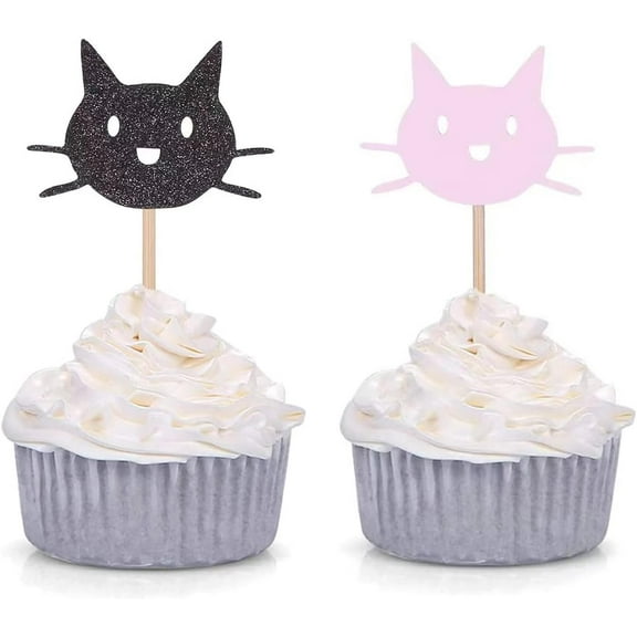 12pcs Black and Pink Cat Cupcake Toppers Baby Girl's Birthday/Cat Lover/Kitten Pet Theme Party Decorations