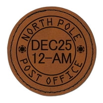 North Pole Christmas Postmark Santa Claus Mail Stamp 2.5" Faux Leather Round Engraved Iron-On Patch - Brown
