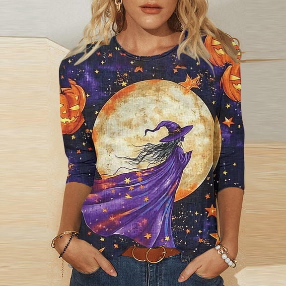 NSLGXD Tshirts Shirts for Women Graphic 3/4 Sleeve Crew Neck Full Moon Witch Pumpkin Star Retro Halloween Relaxed Shirts Plus Size S-5XL