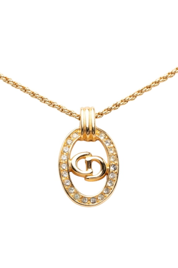 Pre-Owned Christian Dior Dior CD Logo Oval Chain Pendant Necklace Gold Plated Rhinestone Women's