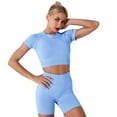 thumbnail image 2 of IBTOM CASTLE Women Workout Sets Yoga Outfits, Short Sleeve Crop Top + High Waisted Running Short Pants Gym Clothes Tracksuit, 2-Piece M Light Blue, 2 of 10