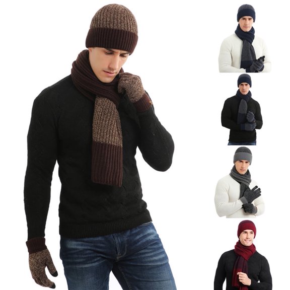 D-GROEE 3Pcs/Set Men Winter Warm Knit Beanie Hat Touchscreen Gloves Scarf Thermal Socks Set Woolen Yarn Skull Caps Neck Scarves for Outdoor