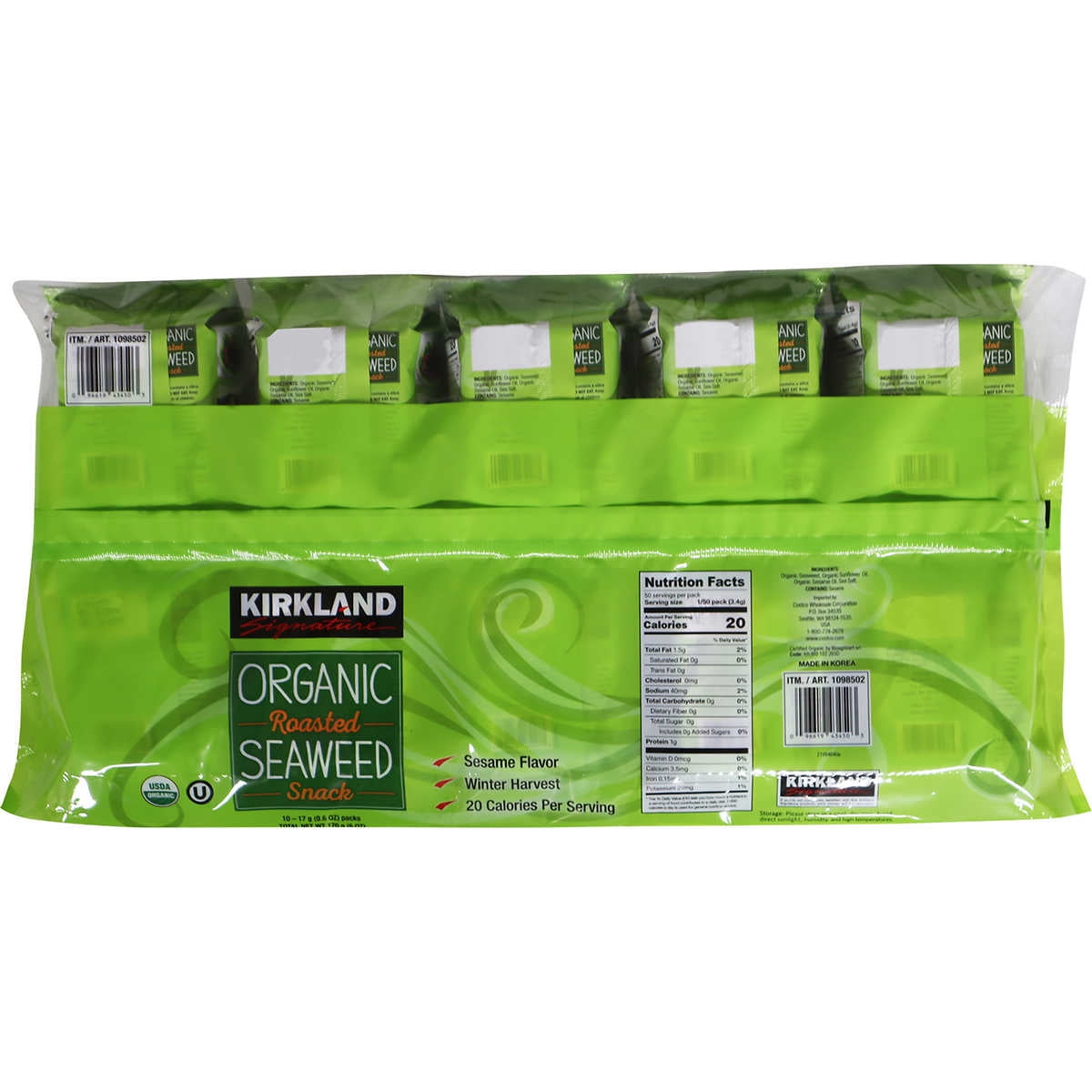 Kirkland Signature Organic Roasted Seaweed Snack, Sesame, 0.60 oz, 10 ct
