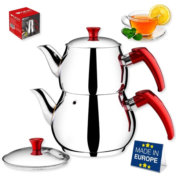 Hakan Stainless Steel 2 L Mini Double Bondy Turkish Tea Pot Set with Self Strainer Double Lids, 67 Oz