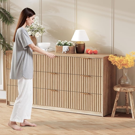 Acekid Fluted Dresser Bedroom 9 Drawer Dresser Large Capacity Anti-Tip Modern Chest Drawers Metal Handles Wooden