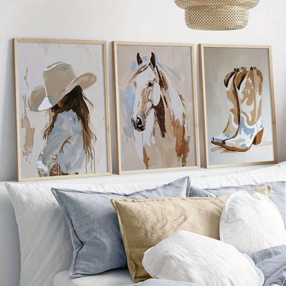 3pcs Unframed, Coastal Cowgirl Wall Art, Neutral Western Print, Country Aesthetic Poster, Western Boot Print, Horse Gead Print, Wall Decor, Canvas Art for Living Room, Bedroom, Kitchen, Home Office,