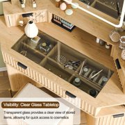 48'' Modern Vanity Desk with HD Triple Mirror & Lights, Large Corner Vanity Table with Glass Top, Charging Station, Large 6 Drawers Makeup Table, for Bedroom or Dorm, Oak