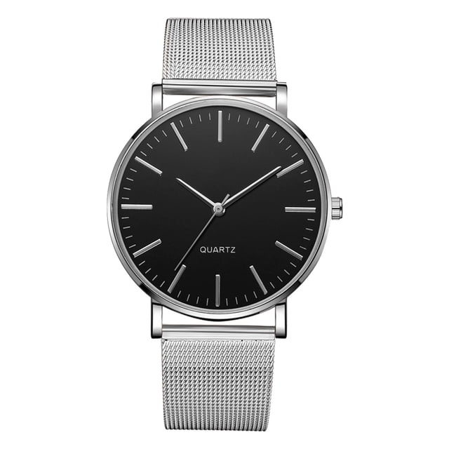 Reloj de pulsera de cuarzo para hombre de moda (aguja plateada con carcasa plateada y esfera negra)