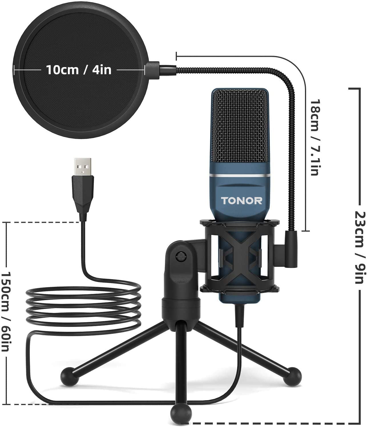 TONOR USB-mikrofon, njurkarakteristik, kondensator, PC-mikrofon med stativ,  popfilter, mikrofonspindel för streaming, podcasting, voice-over, Twitch