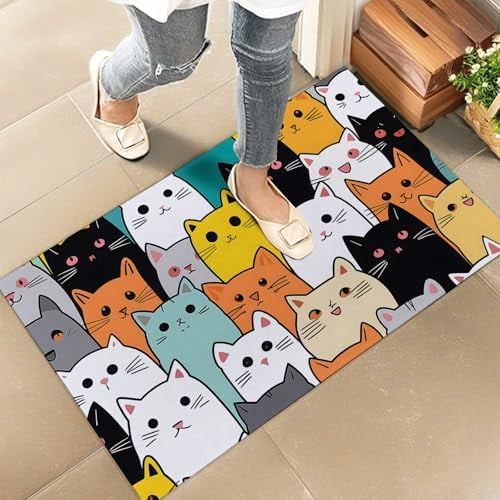 Colorful Cat Indoor Door Mat 17x30 Inch Floor Doormat with Cute Cartoon Kitten Design,Pet Lover Doormats, for Porch Insider,Bedroom.