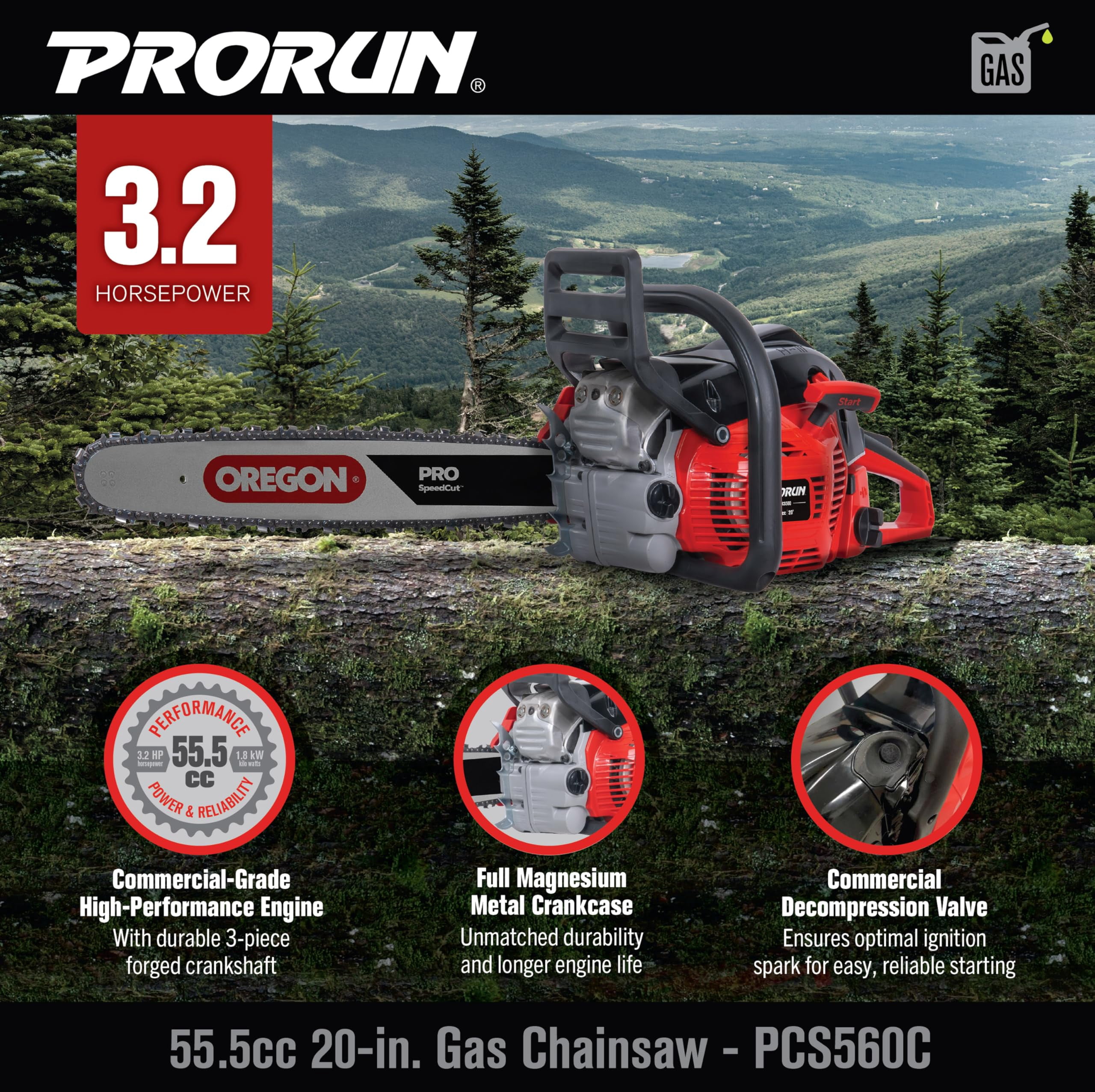 PRORUN 20" 55.5cc 2-Cycle Gas Powered Chainsaw, Well Balanced