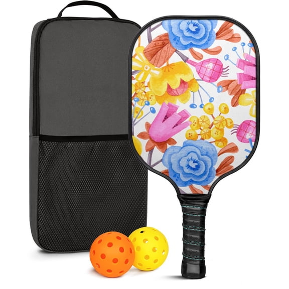 Pickleball Paddles Set Of 1, Fiberglass Surface, Vintage Floral Print, 1 Paddle, 2 Balls & Bag