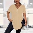 thumbnail image 2 of Women's Plus Size Tops V-Neck Button down T-Shirts, Casual Solid Summer Loose Basic Tee ,Beige,5XL, 2 of 5