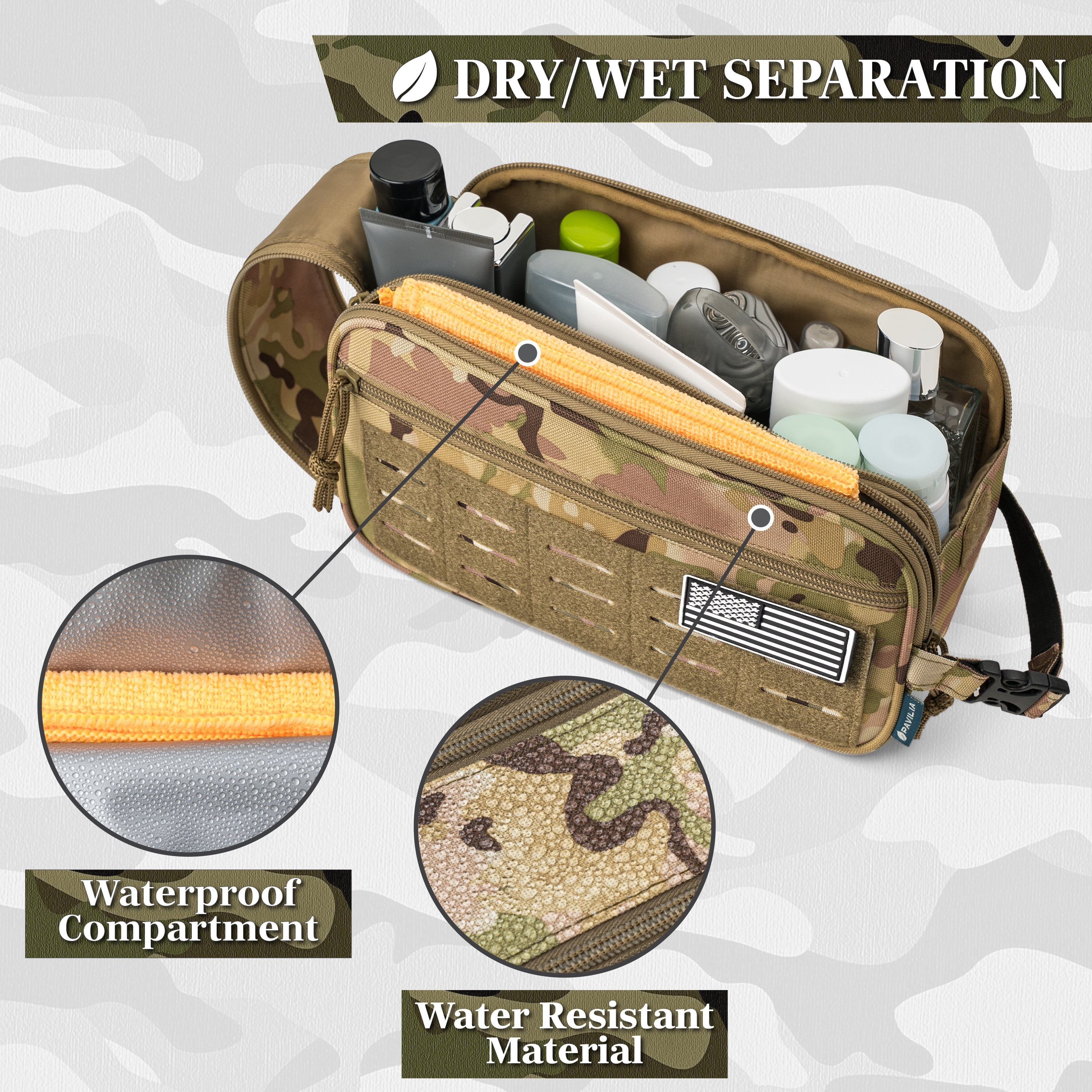 Pavilia Extra Large Tactical Toiletry Bag for Men, Hygiene Travel Bag, Military Dopp Kit, Water Resistant Molle Pouch, Mens Shaving Grooming Essentials, Bathroom Shower Small Organizer Case, Camo