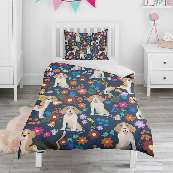 Beagle Dog Dog and Flower Duvet Cover and Pillowcase Set for Single Bedding, Bedroom Accessories for Kids Teens