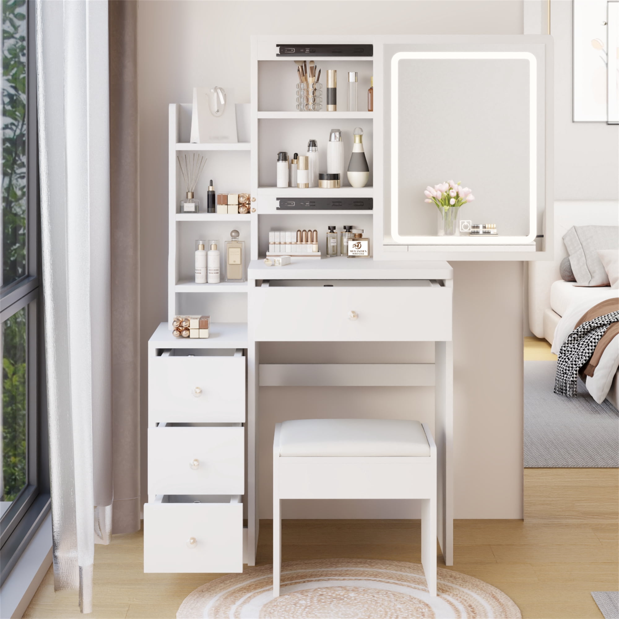 Vastcury Vanity Desk Set with Large Touch Control Sliding LED Mirror, Tri-Color Switching, Brightness Adjustable, Small Size Makeup Table for Girls, White